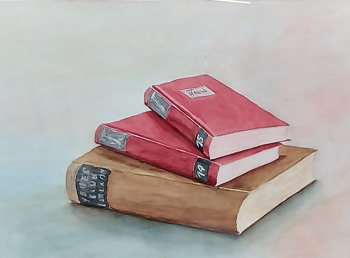 Gemaltes Bild mit
                          drei übereinander gestapelten Büchern, von denen hinten der Einband zu sehen ist.
                          Zwei haben rote Umschläge und eines einen braunen Umschlag.