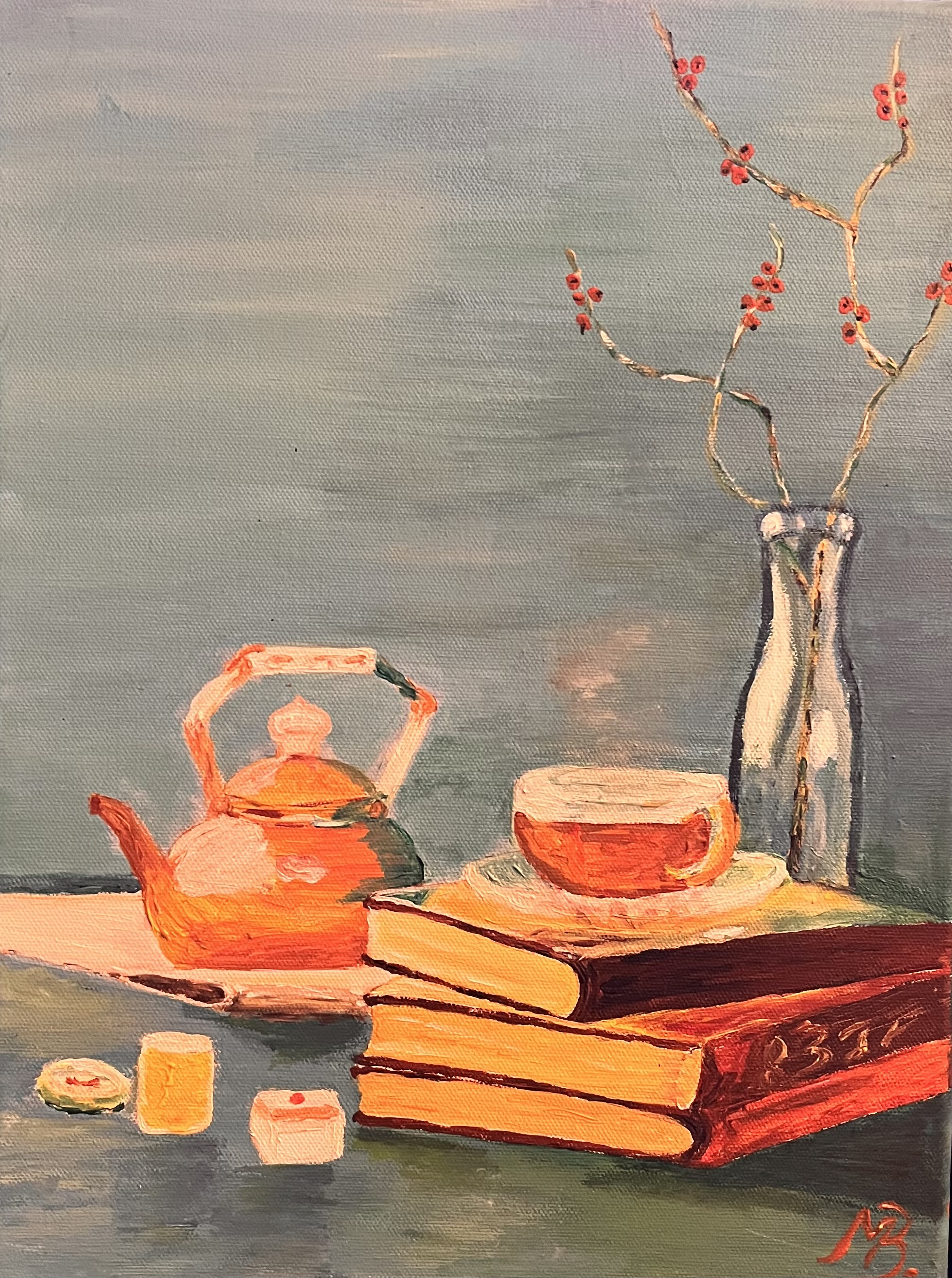 Gemaltes Bild mit verschiedenen Gemüsesorten, die vor einem grünen Hintergrund liegen. Am oberen linken Bildrand sind Fischsiluetten aufgeklebt. Zu sehen sind u.a. Aubegine, Kürbis, eine aufgeschnittene Melone, eine Parika, eine Tomate, eine Gurke, Chili, Pilz